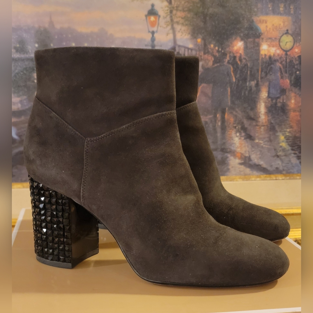 MICHAEL KORS GRAY SUEDE BOOTIE BLACK CRYSTAL HIGH HEEL BOOTS SIDE ZIPPER SZ 9.5
